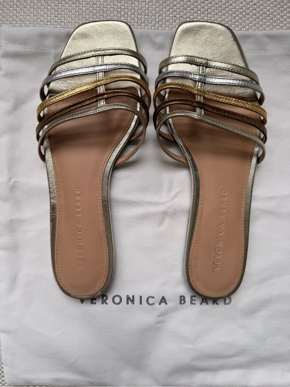Veronica Beard Metallic Multi-Strip Slide Sandals in Gold, Silver, Bronze